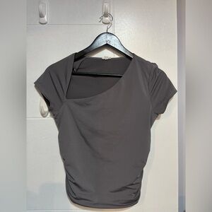 Garage Dark Gray Short Sleeve Asymmetric Neck Top